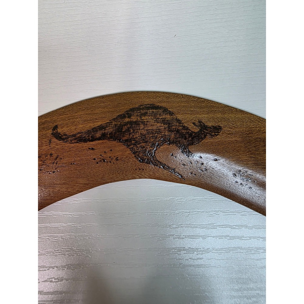 Hand Painted Wooden Boomerang Kangaroo Aboriginal Style Signed Art 12"